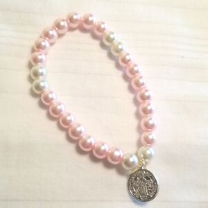 New Pink Pearl Glass Silver Medal Religious Bracelet